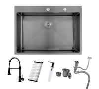 BoomHoze Évier Noir Anthracite 75 X 45 Cm Avec Robinet De Cuisine Extensible Gris Noir, Égouttoir Et Siphon - 1 Bac Carré Encastré Avec 2 Trous