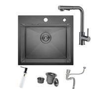 BoomHoze Petit évier de cuisine noir 55 x 45 cm en acier inoxydable avec petit robinet extractible, cuve simple avec panier à déchets, kit de trop-plein, distributeur de savon, 1 bol