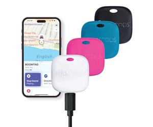 Boompods Boomtag Traceur Rechargeable, Lot de 4 - Localisateurs d'objets Compatible avec Apple Find My, Traceur Bluetooth Étanche IPX7, Étiquette de Suivi pour Portefeuilles, Bagages, Enfants