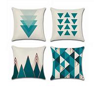 BoomTeck 4 Pcs Housses de Coussin 45 x 45 cm, Carré Décoratif Taie d'oreiller Canapé Housse Coussin Bleu Triangle Imprimé Motif Géométrique Coton Lin Décoration Maison pour Chambre Salon Bureau