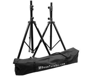 BoomTone DJ SV-200 II Double support d'enceintes métal Noir. Pieds d'enceintes pliables. Hauteur réglable 100 à 160cm. Charge maxi 30kg. Embase 35mm. Goupille de sécurité. Housse de transport fournie.