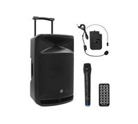 BoomTone DJ TravelSound15-VHF enceinte sono portable autonome avec 2 micros sans fil, karaoke haut-parleur 800W tuner FM, récepteur bluetooth, lecteur de carte SD, clé USB et télécommande IR
