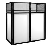 BoomToneDJ DJ Desk White. Stand DJ pliable avec tablette métal et housses extensibles blanches. Montage rapide sans outil. Design sobre et pro pour prestations mobiles, clubs, mariages ou événements