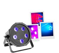 BoomToneDJ FlatPAR 5X5W 4in1 RGB-UV Projecteur LED multicolore avec DMX 512. Modes automatique, détection musicale. Télécommande IR incluse. Link alimentation. Eclairage de scène, soirées Clubs, DJ.