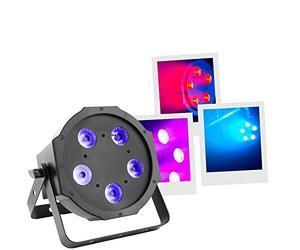 BoomToneDJ FlatPAR 5X5W 4in1 RGB-UV Projecteur LED multicolore avec DMX 512. Modes automatique, détection musicale. Télécommande IR incluse. Link alimentation. Eclairage de scène, soirées Clubs, DJ.