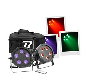 BoomToneDJ FlatPAR 5X5W 4in1 Set RGB-UV Lot de 2 éclairages de scène LED multicolores avec DMX 512. Modes automatique, détection musicale. Télécommande IR incluse. Link alimentation. Sac de transport.