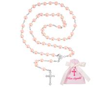 BOOMTOP Collier Chapelet Catholique Rose avec Croix Collier Perles Chapelet Chretien et Sac Cadeau Rose Collier de Rosaire à Breloque pour Fille Femme Fête Baptême Communion Mariage Confirmation