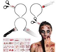 BOOMTOP Kit de Halloween Bandeau Serre-tête Cerceau de Cheveux Couteau Ciseaux et Tatouages de Cicatrices Autocollant Stickers Tatouages de Visage Décoration pour Carnaval Fête à Thème Halloween