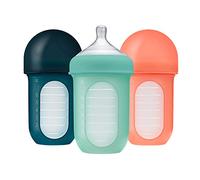 Boon Nursh Reusable Silicone Pouch Baby Bottles - Medium Flow Nipple - Silicone Baby Bottle Pouch and Nipple - Baby Feeding Essentials - Mint - 3-6 Months - 3 Count - 8 Ounce