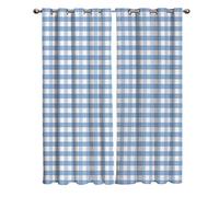 BOONGA Rayure à Carreaux Bleu Blanc Rideaux Occultants Thermique Anti Froid Isolant, Rétro Rideau Fenetre avec Oeillets, Blackout Window Curtains pour Salon et Chambre 132 x 160 cm, 2 Pièces