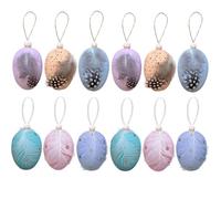BOOSHMall 12x Oeufs de Pâques à Suspendre avec Plumes, Décoration à Suspendre pour Le Buisson de Pâques, Oeufs de Pâques colorés avec des Plumes pour Pâques à Coller, Décoration de Pâques