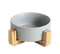 Booso Gamelle ronde en céramique pour chien et chat avec support en bois, bol avec support B