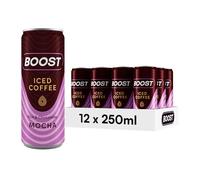 Boost Lot de 12 boîtes de café glacé moka | Lot de 12 boissons en conserve à haute teneur en caféine, arabica et robusta en grains de café et lait | Boissons en vrac | Café glacé en vrac | Boissons au
