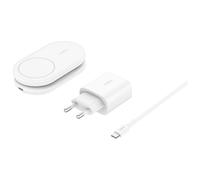 Belkin BOOST CHARGE 2-in-1 - Support de chargement sans fil - magnétique, pliable, avec Qi2 + adaptateur secteur - 15 Watt - Fast Charge - blanc - pour Apple iPhone 12, 13, 14, 15, 16 Blanc