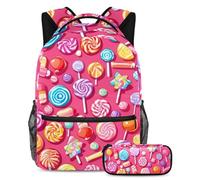 Boostez votre jeu de rentrée scolaire, sac à dos avec trousse à crayons, indispensable pour les étudiants, motif bonbon rose, multicolore, B：29.4x20x40cm P：19x7.5x3.8cm, Sacs à dos de jour