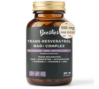 Boosties Trans-Resvératrol (98%) 500 mg & NAD+ Complex - avec Quercétine, Astaxanthine, Vitamines C, E & Zinc - Anti-Âge, Bouclier Antioxydant, ADN & Vitalité - Sans stéarate magnésium - 60 gélules