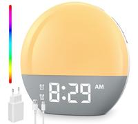 BOOTEEK Réveil Simulateur d'Aube, Réveil Lumineux LED avec Double Alarme, Fonction Snooze de 9 Mins, Lampe d'ambiance 10 Couleurs, 20 Niveaux de Luminosité, 24 Sons Naturels et Radio FM Pour Chambre