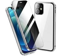 Boothcosly Coque de protection de confidentialité en métal à adsorption magnétique à 360 degrés avant et arrière en verre trempé (argent, pour iPhone 15)