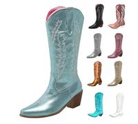 Boots Cowboy pour femme Bottines mollet Mode Vintage Boots Demi-Tige Originale Botte Talon Large Antidérapant Bottine Brodée Élégantes Chaussures Sans Lacets pour Hiver Automne, bleu, 45 EU