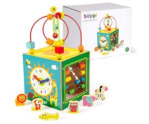 boppi Grand Cube d'activité en Bois 5 en 1 Labyrinthe à Billes à 2 Sens Huit Jouet sensoriel pour bébé avec Boulier Horloge Trieur de Formes d’Animaux et Coulisseau Multifonctions Jeu éducationnel