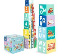 boppi Jouet cube à empiler avec véhicules lettres chiffres, cube à empiler Montessori dès 1 an Tour à empiler comme jouet de motricité jeu d'empilage