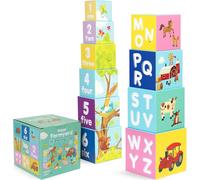 boppi Jouet cubes à empiler avec animaux de la ferme lettres et chiffres, cubes à empiler Montessori dès 1 an Tour à empiler comme jouet de motricité