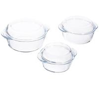 Borcam, 159021, ENSEMBLE DE 6 PIÈCES - 3 Cocottes avec couvercle en verre à mettre sur le dessus, à utiliser au four, en verre borosilicaté spécial