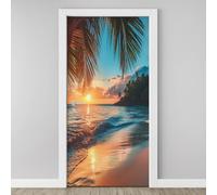 Bord de Mer Coucher Soleil Autocollant Porte 3D Océan Plage Montagne Affiche Plante Tropicale Stickers Porte Poster de Porte PVC Auto-adhésif pour Salon Cuisine Chambre Salle de Bain 85x215cm F2z138