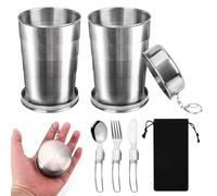 BORDEAG 2 Pièces Tasse Pliable En Acier Inoxydable, 450ml Gobelet Pliable En Inox avec Porte-Clés, Portable Tasse de Camping Pliante, Tasse Rétractable Pliante pour Randonnée Camping Voyage