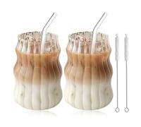 BORDEAG 2pcs Verres À Eau Ondulés, Tasses À Café Tasses À Expresso Verre Verres À Boisson Avec 2 Pailles, 2 Brosse À Paille, Pour Café Thé Cappuccino Au Lait Bière Expresso 530ml