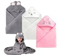 BORDEAG 3 Pièces Serviette de Bain Bébé Capuche, Cape de Bain Capuche 80cmx80cm, Cape de Bain Bébé en Peluche de Corail, Super Absorbantes Serviette de Bain pour Enfants, Cadeaux de Naissance (02)