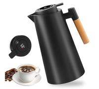BORDEAG Cafetière isotherme de 1 l avec affichage de la température, théière thermique à double paroi avec poignée aspect bois pour café, thé et lait
