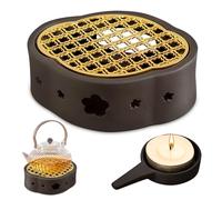 Bordeag Chauffe-Théière en Céramique, Réchaud pour Théière, Chauffe Théière Chauffe-Thé Chauffe-Plat Théière Réchauffeur Design Creux Sculpté avec Plateau Et Bougeoir pour Théière, Café,Thé