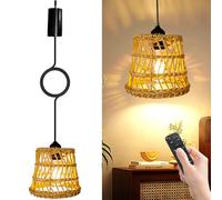 BORDEAG Lampe Suspendue en Rotin, Suspension Luminaire Avec Télécommande, Lampe Suspendue Portable Rotin Bohème, Lustre Bohème D'extérieur à Piles pour Patio Bar Jardin - Sans Branchement électrique