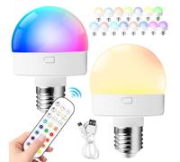 BORDEAG Lot de 2 ampoules rechargeables USB-C - 15 couleurs - E26 E27 - Avec télécommande - Ampoule avec batterie - Rechargeable USB-C - Pour éclairage d'urgence intérieur et extérieur - Camping