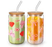 BORDEAG Lot de 2 gobelets en verre avec couvercle, 500 ml, pour smoothie, avec couvercle, couvercle et paille, verres à café glacé, pour thé, cola, verres à bière, camping, fête