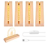 BORDEAG Lot de 4 bases d'affichage LED - Socle lumineux LED en bois - Socle lumineux avec câble USB - Rectangulaire - Éclairage en bois - Pour bricolage - Plaque acrylique de 3 mm d'épaisseur