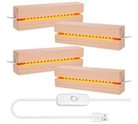 BORDEAG Lot de 4 bases en bois LED rectangulaires, USB, 15 cm, blanc chaud, élégant support en bois pour verre acrylique, cristal, résine, œuvres d'art