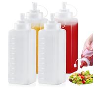 BORDEAG Lot de 4 bouteilles à presser en plastique de 800 ml, avec bouchons, bouteilles de condiment en plastique, polyvalentes, pour la cuisine et la pâtisserie, transparentes