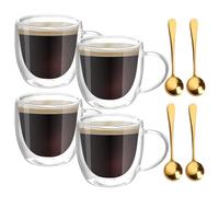 BORDEAG Lot De 4 Tasses À Café En Verre À Double Paroi, Tasses À Expresso Verres À Espresso Avec Poignée Verres À Expresso À Double Paroi Avec 4 Cuillères Pour Expresso, Thé, Cappuccino, Lait 250ml