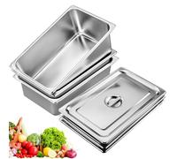 BORDEAG Plat Four Rectangulaire, Set de 3 Bac Gastro Inox, Plat Inox Avec Couvercle 32,5 x 17,5 x 6,5 cm, Compatibles avec Fours et Réfrigérateurs