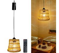 BORDEAG Rotin Lampe Suspendue, E27 Lampe Suspension Luminaire Lustre Bohème Lampe À Suspension Décorative Vintage Rotin Rétro Lustres Avec Télécommande Pour Patio Bar Jardin