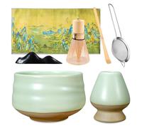 BORDEAG Service à Thé Matcha, 7 Pièces Kit Matcha Fait à La Main, Service À Thé Japonais, Disponible avec Bol à Matcha, Fouet à Matcha, Support, Louche, Porte-cuillère à Thé, Tamis À Matcha, Torchon