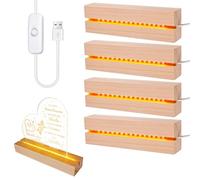 BORDEAG Socle Lumineux Led Bois, 4 Pièces Base Led Lumineuse Support LED avec Interrupteur Usb pour Affichage De Bureau Boule De Cristal Plaque Acrylique, 15 cm de Long, Blanc Chaud