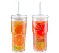 BORDEAG Verre Smoothie, 2 Pièces Tasses à Café en Verre avec Paille et Couvercle, 600ml Tasses, Gobelet avec Paille et Couvercle, pour Gobelet Smoothie, Café Glacé, Bière, Jus