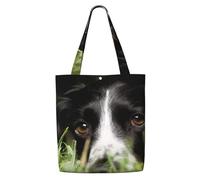 Border Collie Animaux de compagnie Herbe Border Collie noir，Sacs d'épicerie réutilisables, sacs fourre-tout de grande capacité, sac à bandoulière en toile