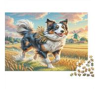 Border Collie Carton Berger Australien dans Un Champ de blé doré Puzzle Classique Cadeau d’entraînement cérébral pour Adultes 70x50cm/1000 pièces