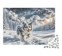 Border Collie Carton Rigide Berger Australien Courant dans Un Champ enneigé Puzzle Classique Stimulant Mental pour débutants 70x50cm/1000 pièces
