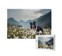 Border Collie Chiens Animaux de Compagnie Prairies Black Border,Puzzle Familial en Bois de 1 000 pièces pour Adultes et Adolescents, décoration d'intérieur