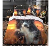 Border Collie Coucher de soleil Housse de Couette Microfibre Résistante 3D Imprimé 3 Pièces Éclair Super Douce Pet Portrait Linge de Lit Léger Hypoallergique for Adultes Enfants King（220x240cm）